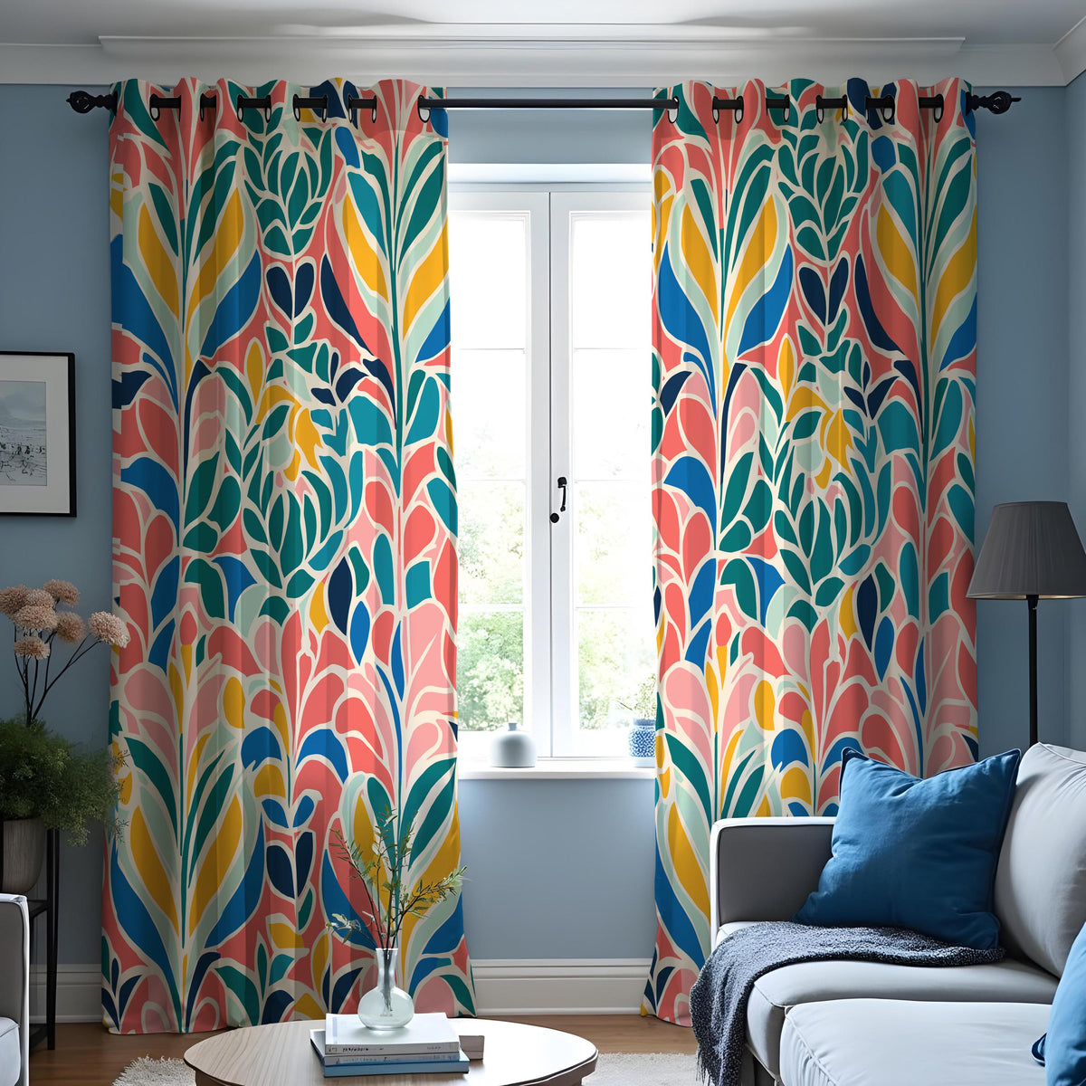 Colorful Abstract Leaf Curtains, Retro Botanical Drapes