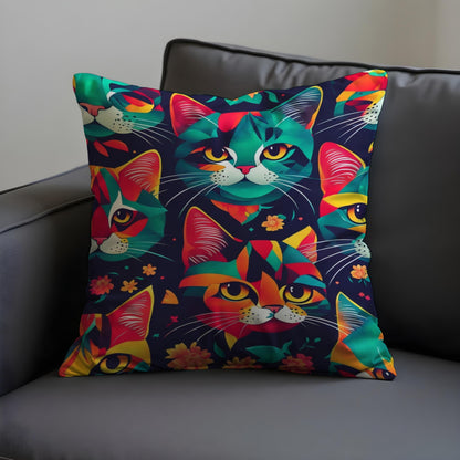 Colorful Cat Cushion Cover, Bold Abstract Kitty Faces Pillow Case