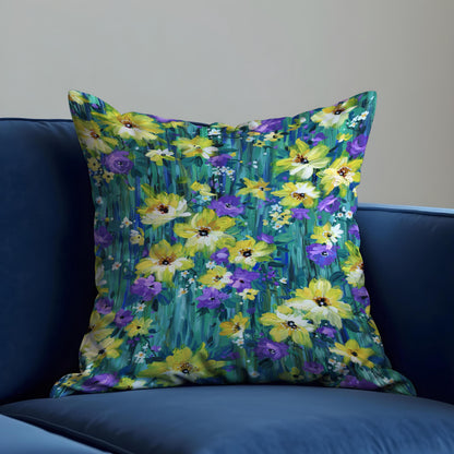 Yellow Blue Floral Cushion Cover, Botanical Pillow Case