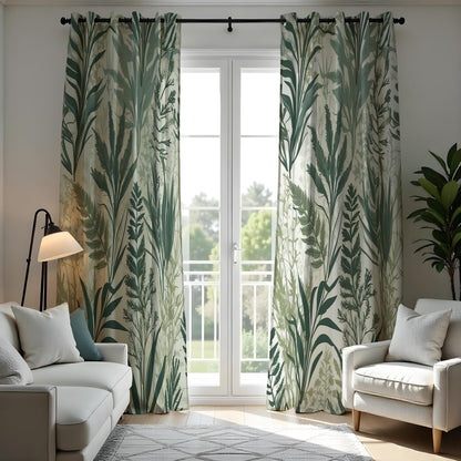 Green Tropical Leaf Curtains, Nature Botanical Print Drapes