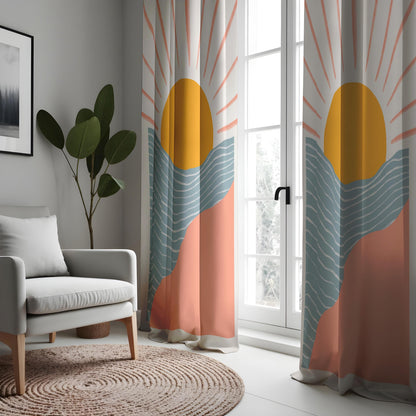 Boho Sunrise Landscape Curtains, Abstract Sun & Wave Drapes