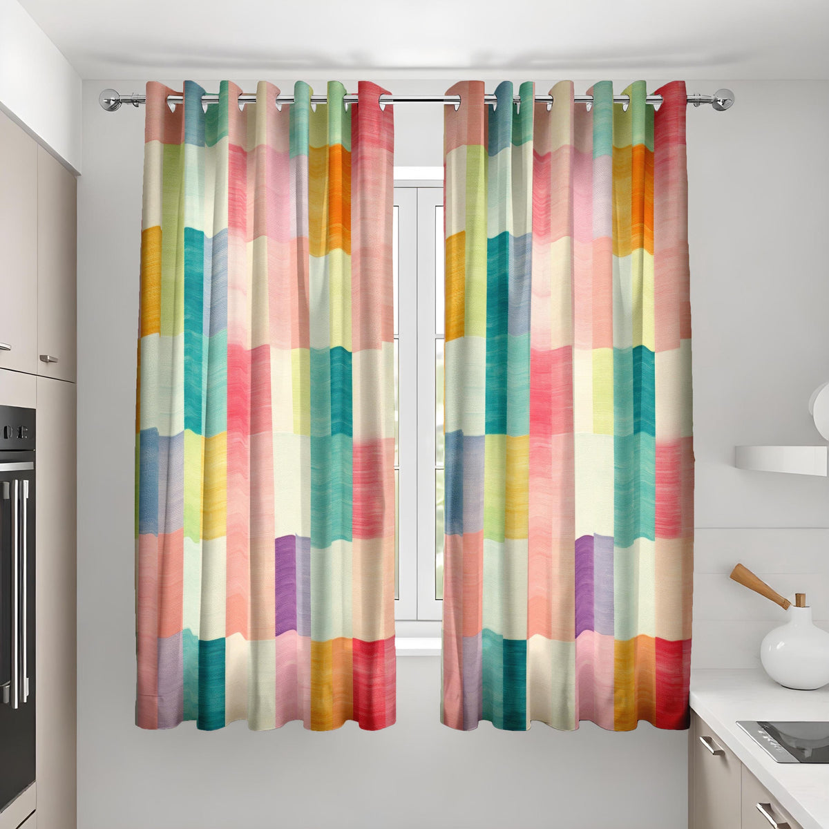Rainbow Striped Geometric Curtains, Kids Playroom Drapes