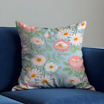 Blue Daisy Rose Cushion Cover, Floral Pillow Case