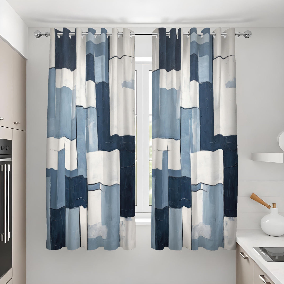 Navy & Ivory Block Pattern Curtains, Modern Custom Drapes