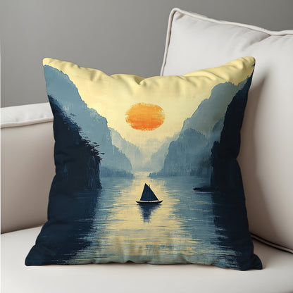 Serene Sunset Lake Cushion Cover, Tranquil Nature Landscape Throw Pillow Cover