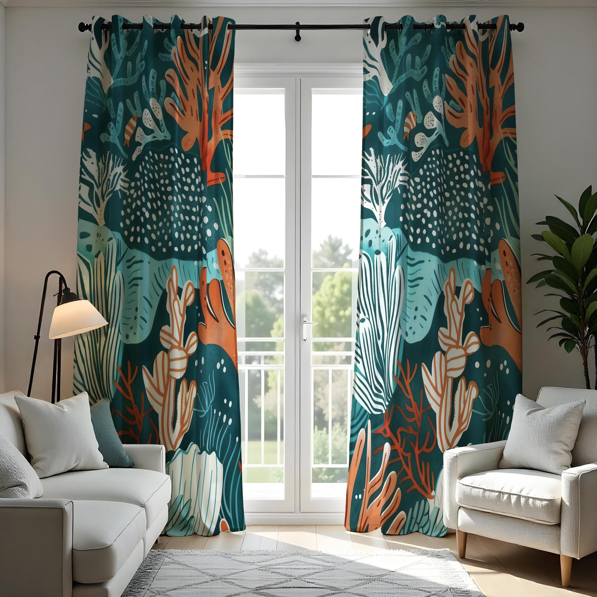 Teal Coral Reef Curtains, Ocean Fish & Sea Life Drapes