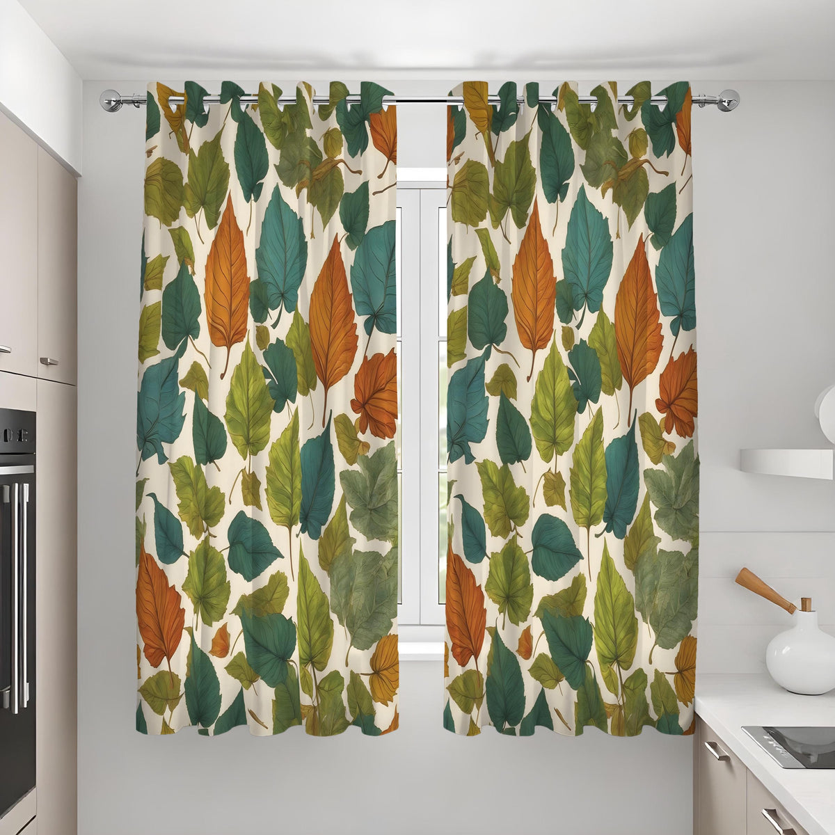 Green & Orange Autumn Leaf Curtains, Botanical Drapes