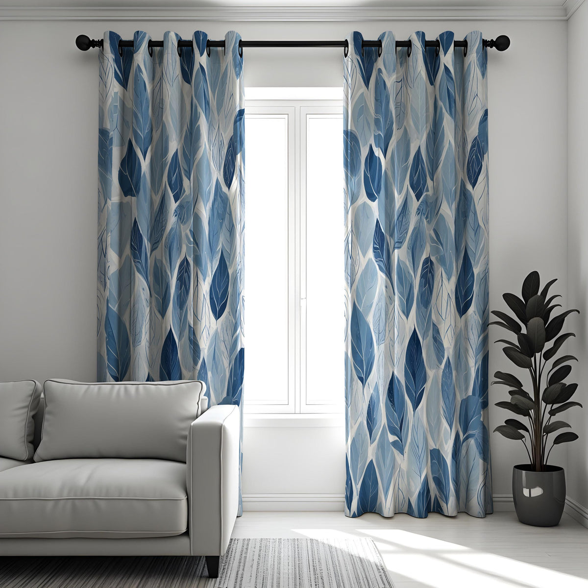 Blue Nature Leaf Curtains, Botanical Print Custom Drapes