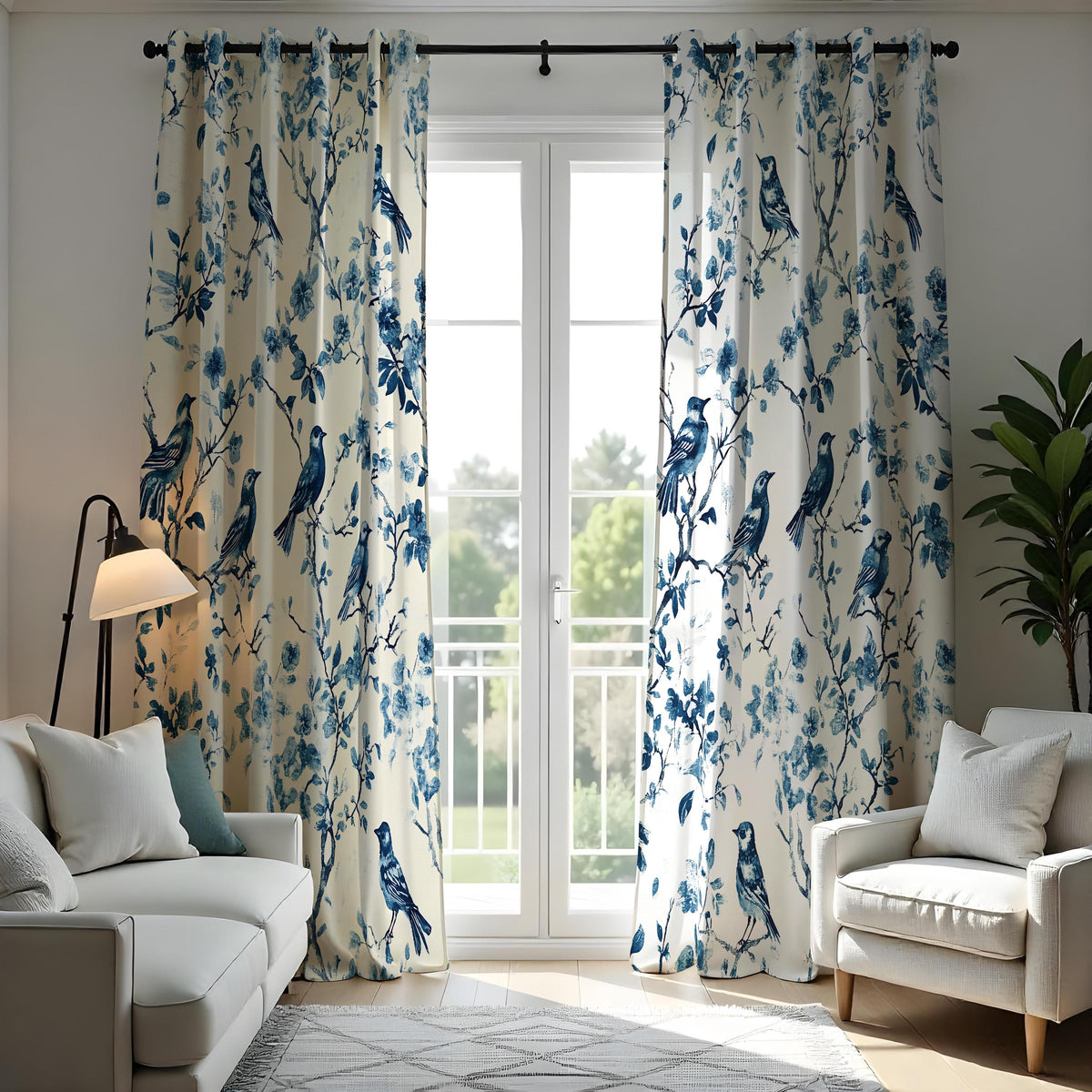 Blue Bird Chinoiserie Curtains, Bird & Branch Drapes