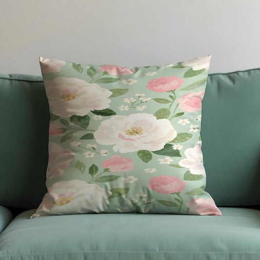 Watercolour Rose Cushion Cover, Sage Green Pillow Case