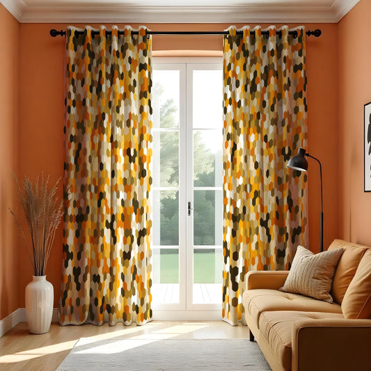 Mustard Orange Hexagon Curtains, Retro Mid Century Drapes
