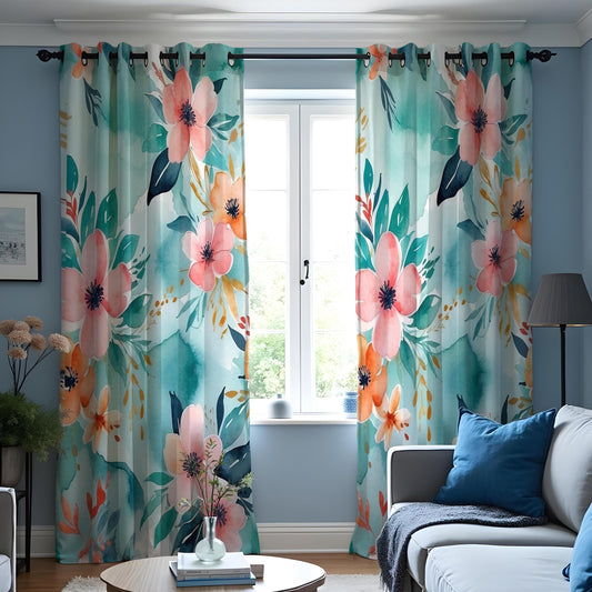 Teal & Coral Watercolor Floral Curtains, Tropical Drapes