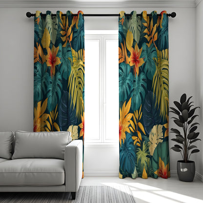 Dark Jungle Monstera Palm Curtains, Tropical Leaf Drapes