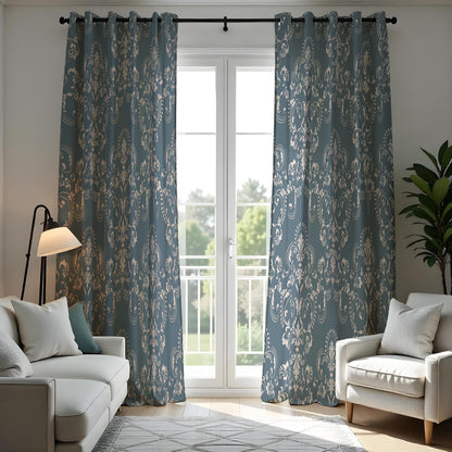 Blue Beige Damask Curtains, Farmhouse Custom Size Drapes