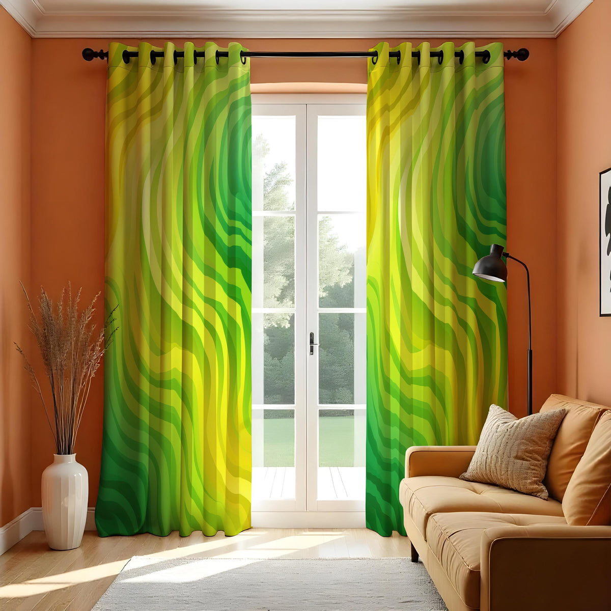 Green Yellow Wave Curtains, Modern Abstract Window Drapes