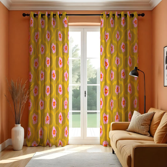 Retro Mustard Floral Curtains, Mid Century Modern Drapes