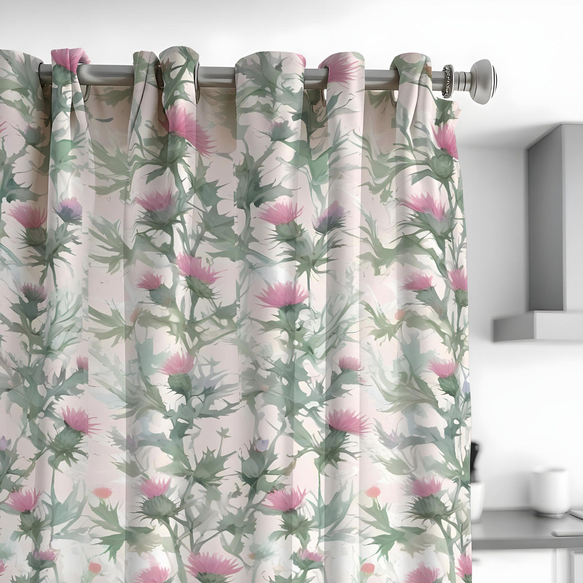 Green Botanical Curtains, Pink Flower Print Window Drapes