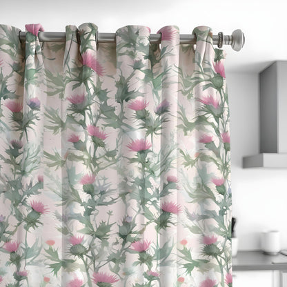 Green Botanical Curtains, Pink Flower Print Window Drapes