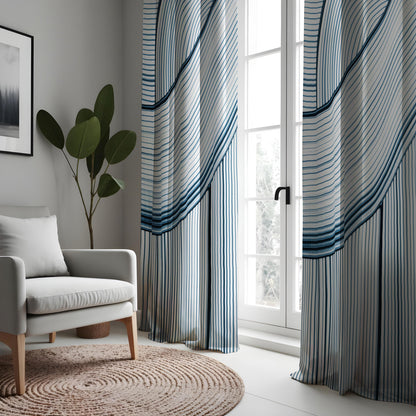 Navy & White Wave Stripe Curtains, Modern Minimalist Drapes