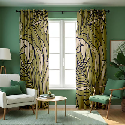 Large Leaf Line Art Curtains, Minimalist Botanical Drapes