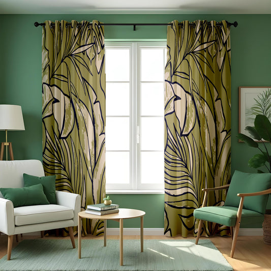 Large Leaf Line Art Curtains, Minimalist Botanical Drapes