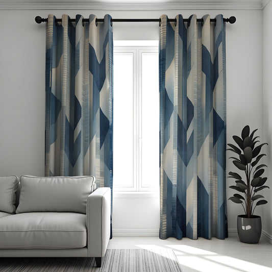 Blue Geometric Curtains, Minimalist Abstract Custom Drapes