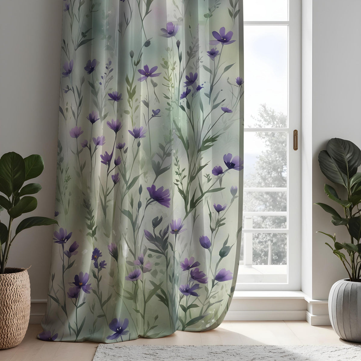 Green Leaf Curtains, Purple Bloom Botanical Print Drapes