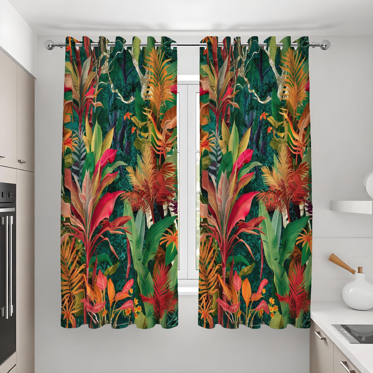 Colorful Jungle Leaf Curtains, Exotic Tropical Drapes