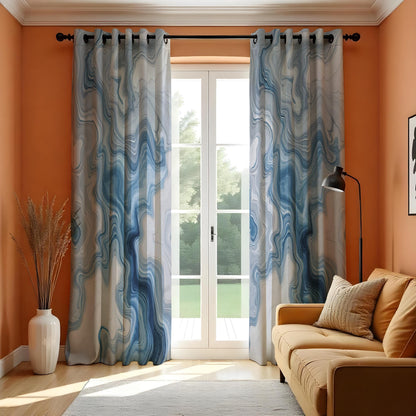 Blue Grey Marble Curtains, Fluid Abstract Custom Drapes