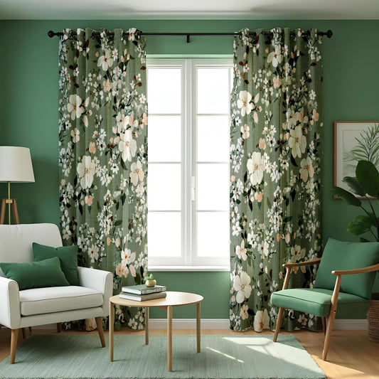 Green Floral Curtains, Vintage White Blossom Botanical Drapes