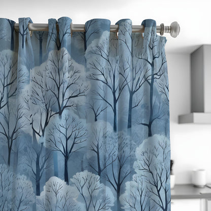 Blue Snowy Forest Curtains, Winter Woodland Tree Drapes