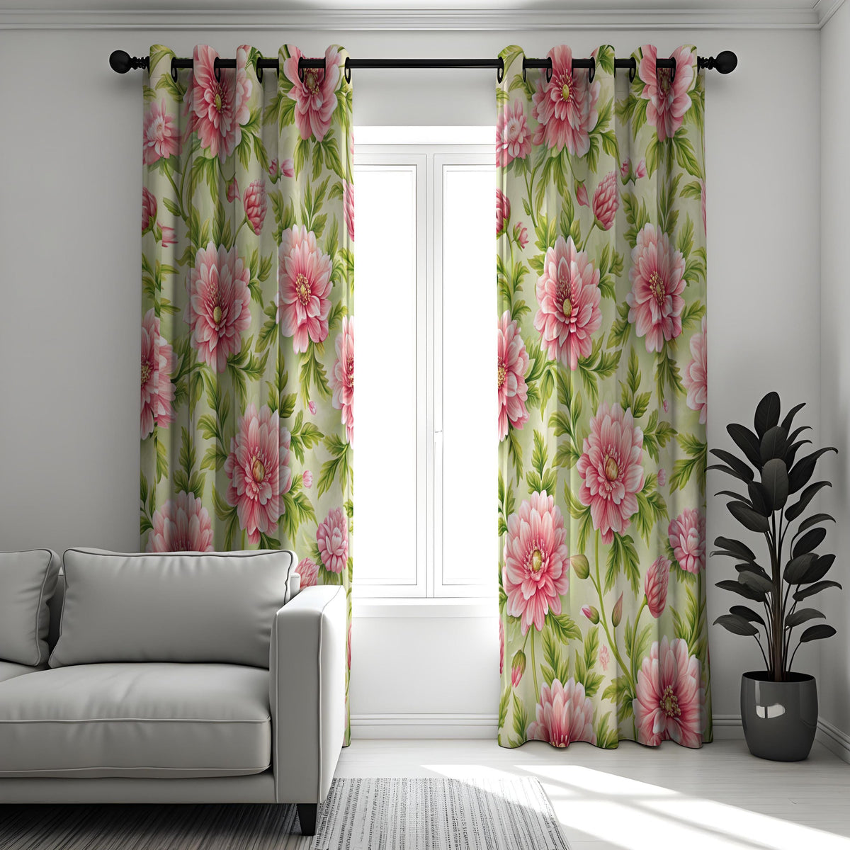 Pink Flower Curtains, Green Botanical Made to Measure Drapes