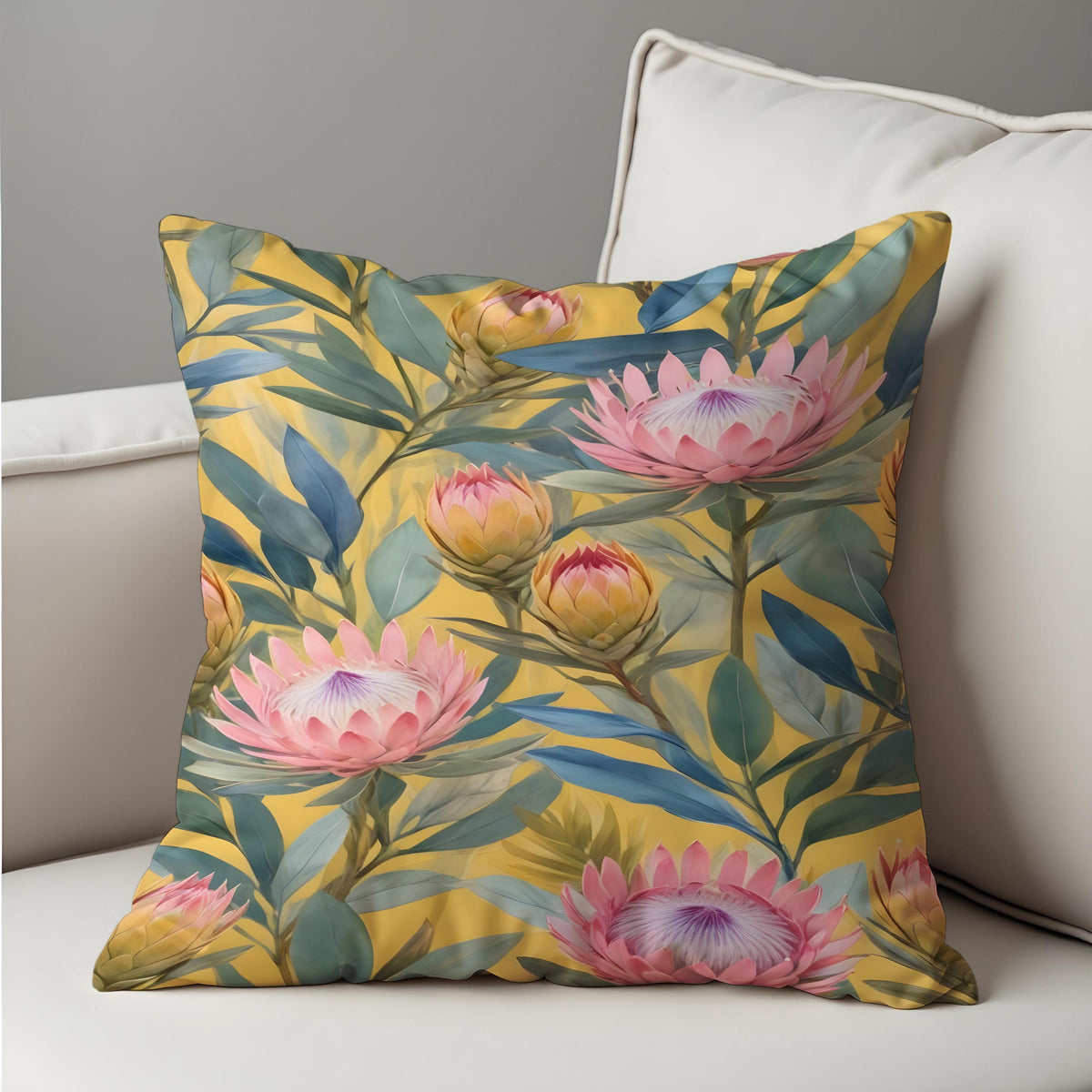 Yellow Floral Cushion Cover, Pink Protea Pillow Case