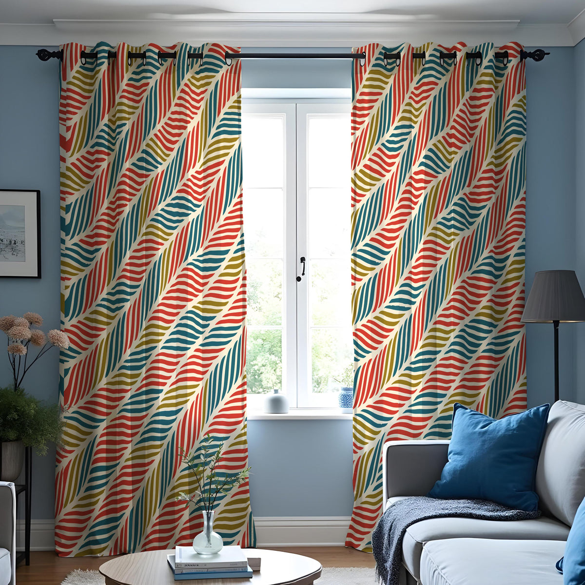 Orange Teal Mustard Wave Stripe Curtains, Retro Drapes