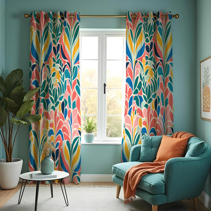 Colorful Abstract Leaf Curtains, Retro Botanical Drapes