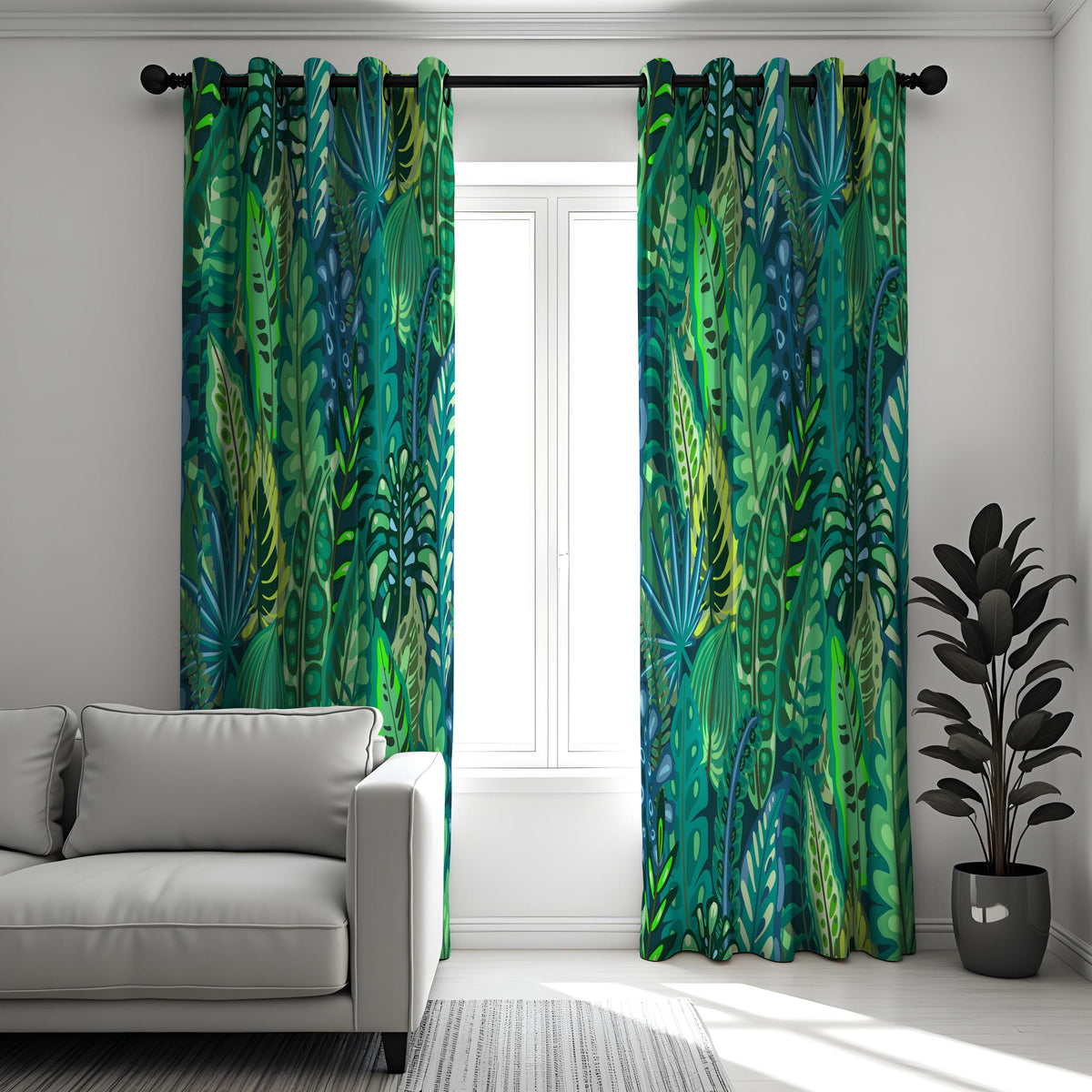 Green Jungle Leaf Curtains, Tropical Botanical Window Drapes