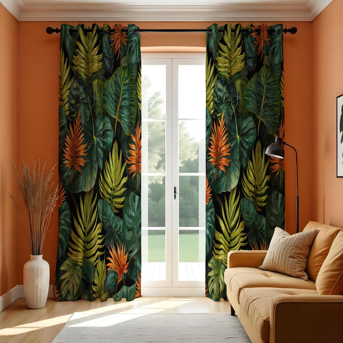 Deep Green & Orange Rainforest Curtains, Tropical Drapes
