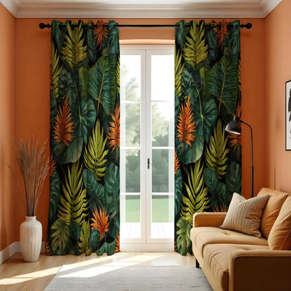Deep Green & Orange Rainforest Curtains, Tropical Drapes