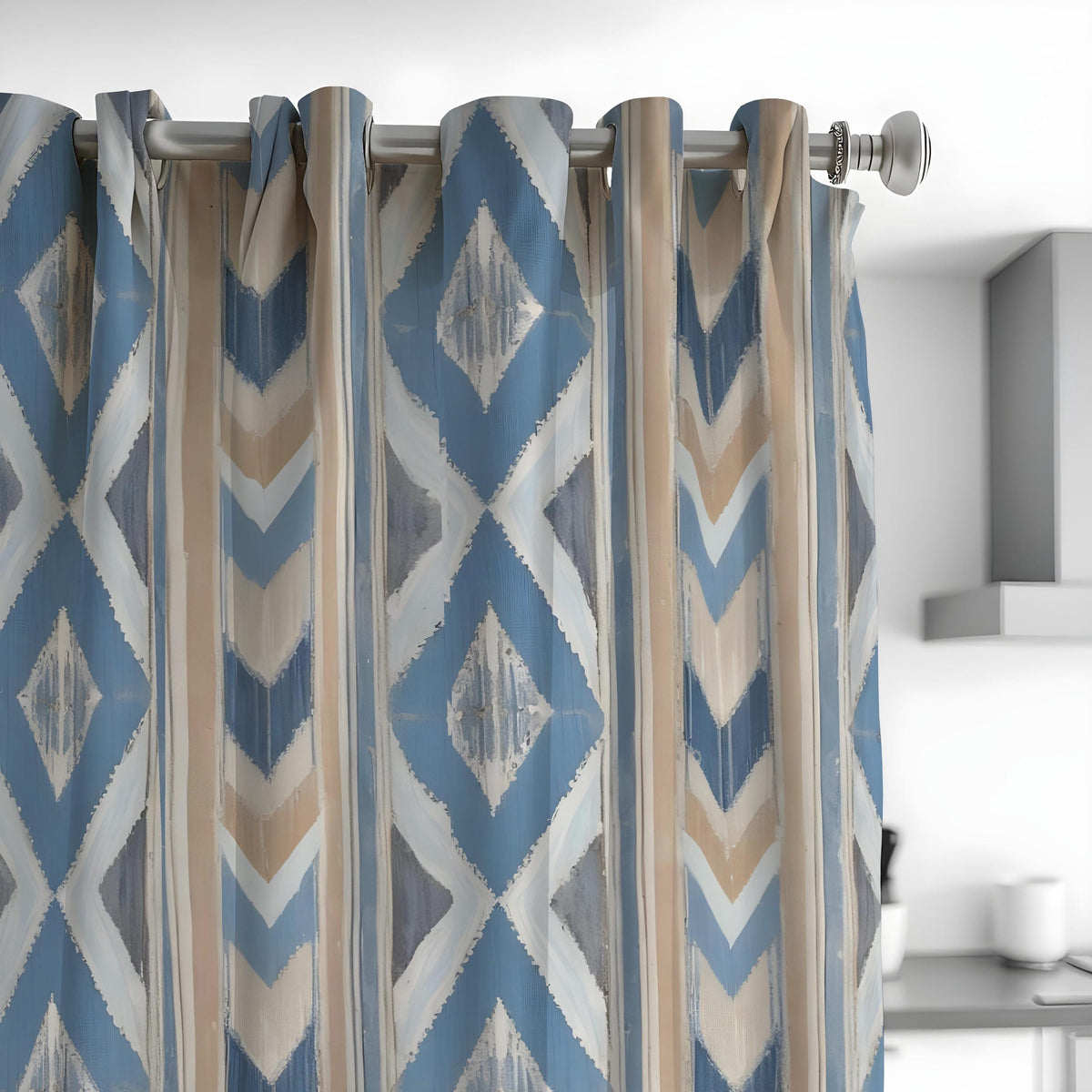 Blue Tan Ikat Curtains, Boho Geometric Custom Drapes
