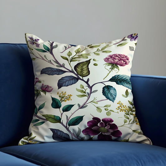 Botanical Cushion Cover, Plum & Green Floral Print Pillow Case