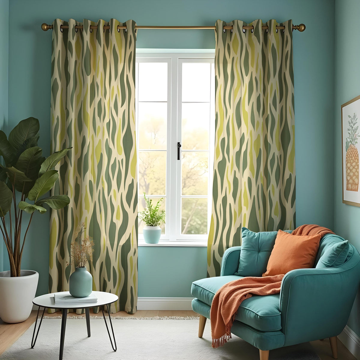 Green Abstract Wave Curtains, Retro Organic Wavy Drapes