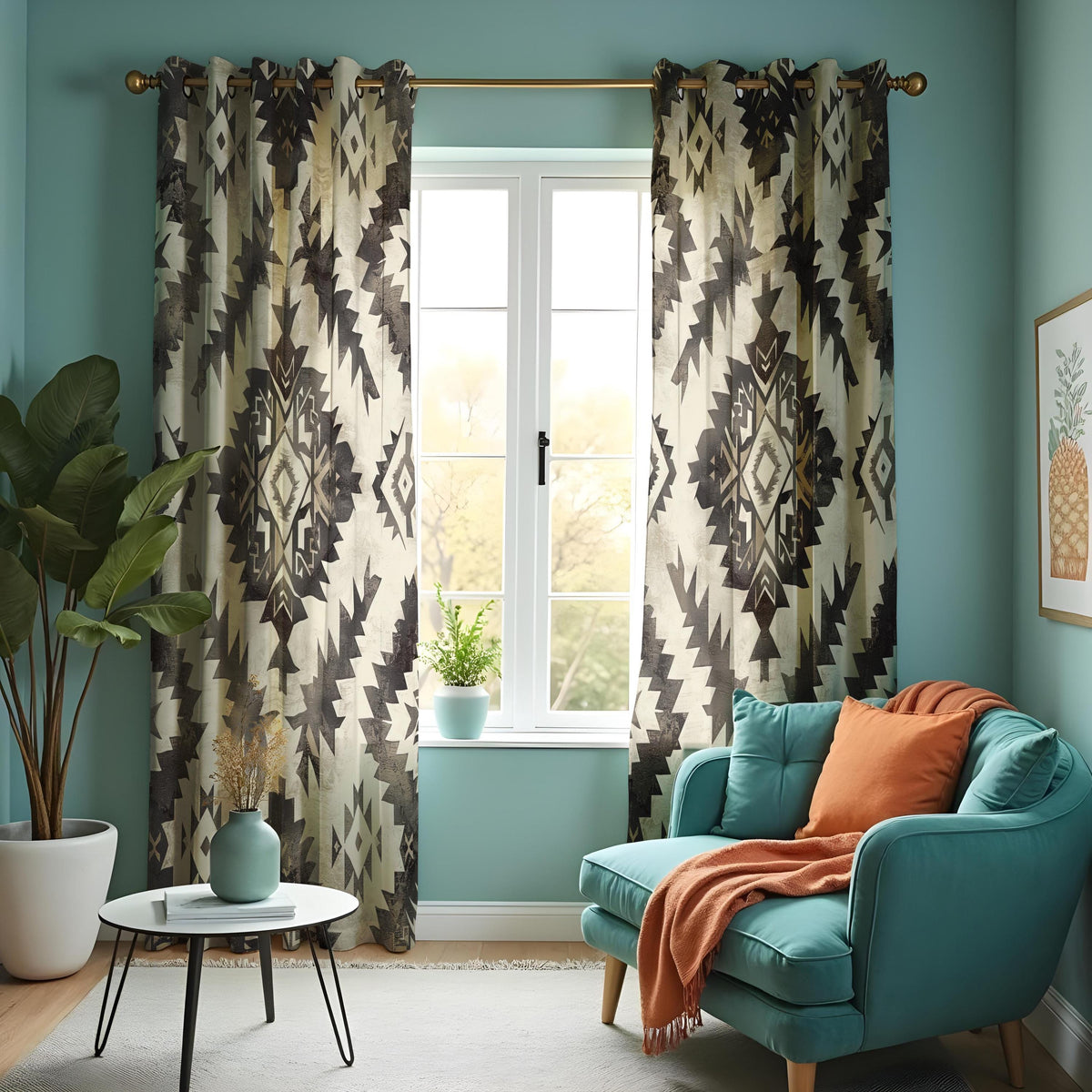 Neutral Aztec Curtains, Boho Tribal Western Window Drapes