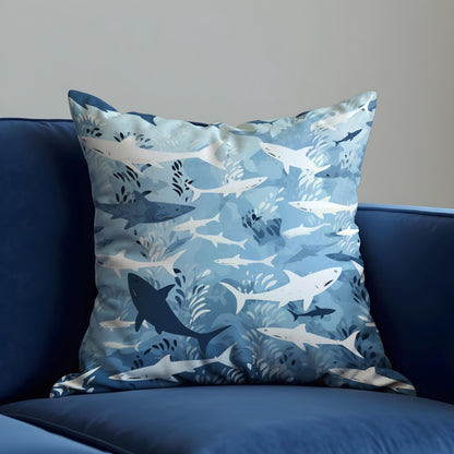 Ocean Shark Cushion Cover, Blue & White Underwater Throw Pillow Case