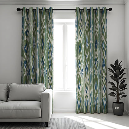 Green Blue Boho Ikat Curtains, Vertical Geometric Drapes