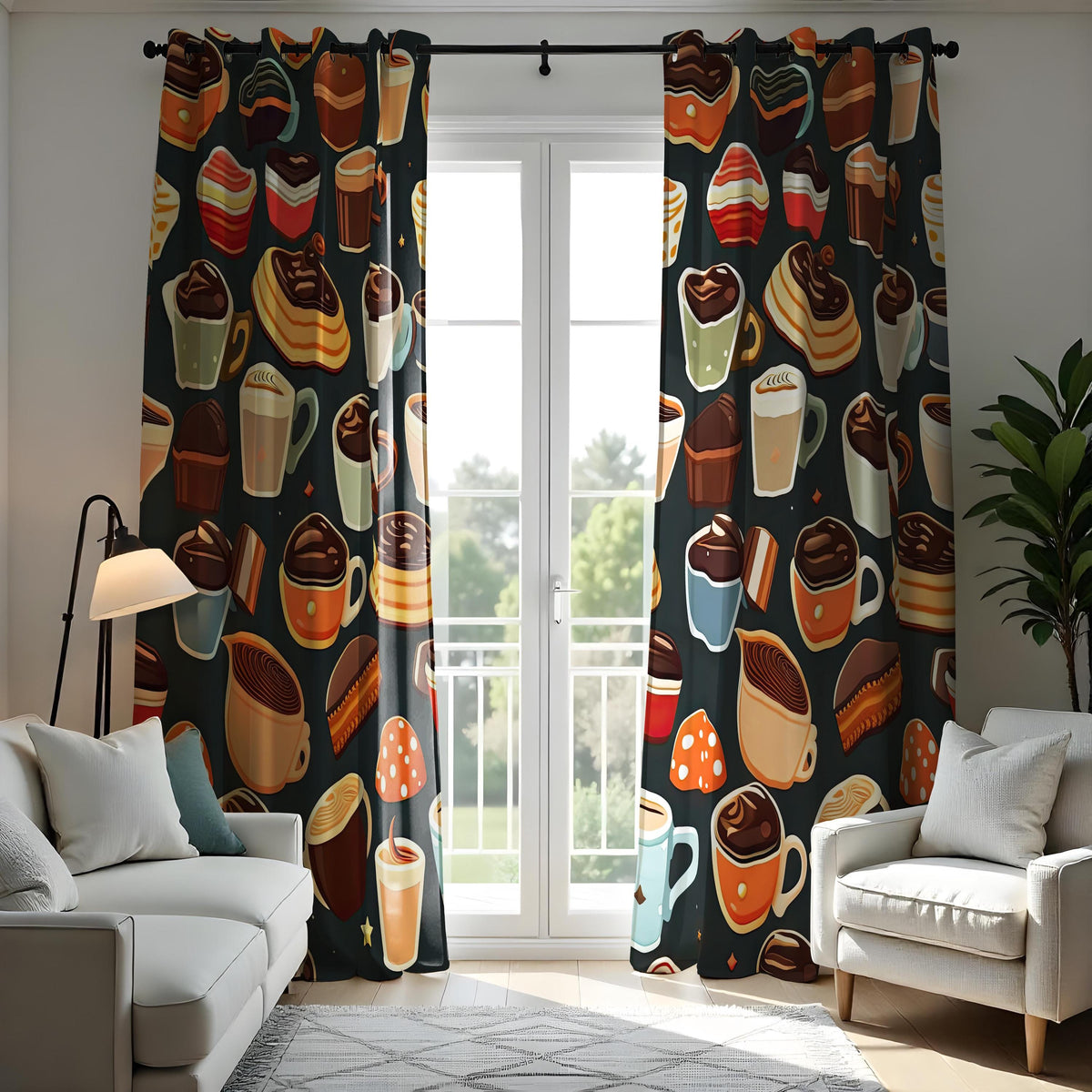 Coffee and Dessert Kitchen Curtains, Cafe Pastry Print Drapes