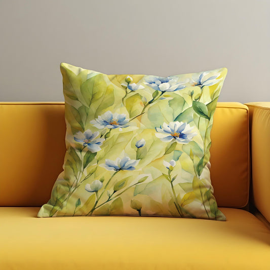 Lemon Yellow Floral Cushion Cover, Soft Blue Flowers Pillow Case