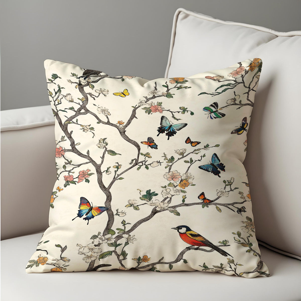 Bird Print Cushion Cover, Branch Throw Pillow Case