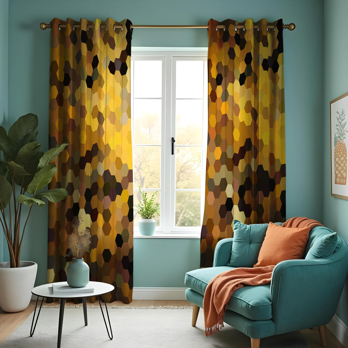 Brown Yellow Hexagon Curtains, Modern Geometric Drapes