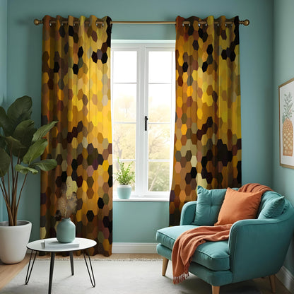 Brown Yellow Hexagon Curtains, Modern Geometric Drapes