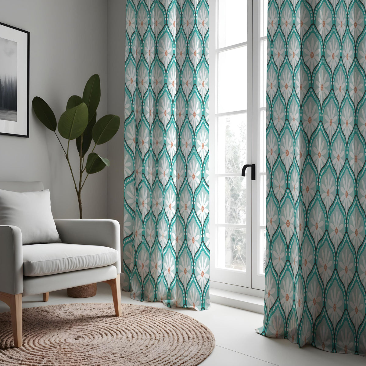 Teal Retro Daisy Curtains, Geometric Floral Window Drapes